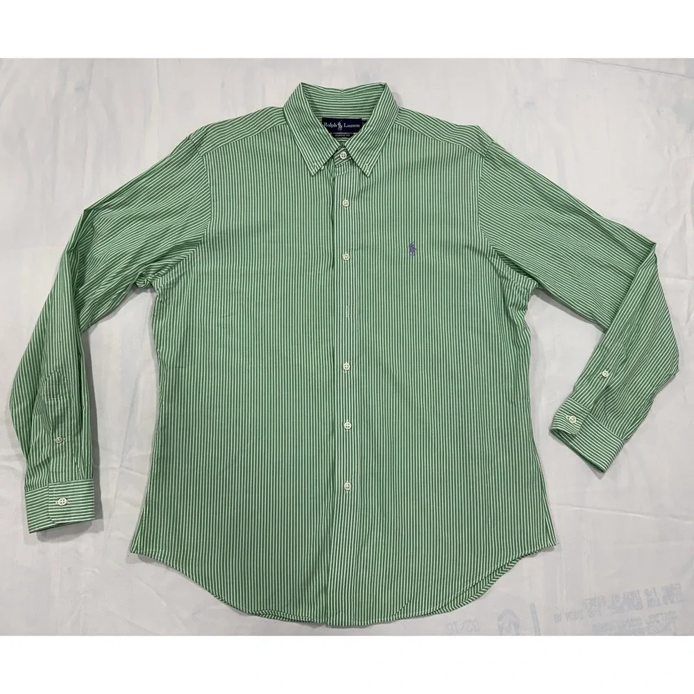 Polo Ralph Lauren Classic Fit Button Down Dress Shirt Green & White Purple Logo
